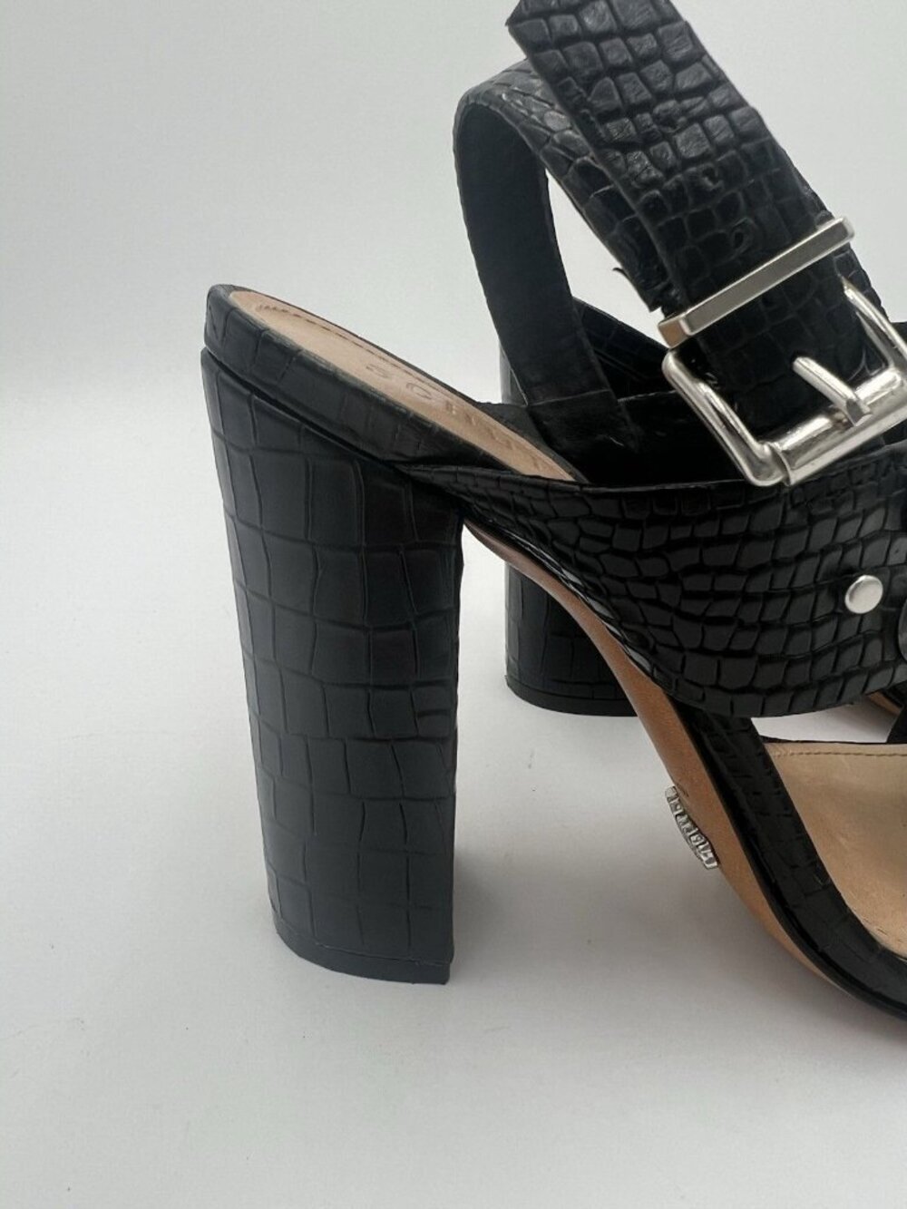 Schutz Zarita Sandals 8B Black Croc Embossed Leather Pearl Stud Slingback Heels - Picture 4 of 15